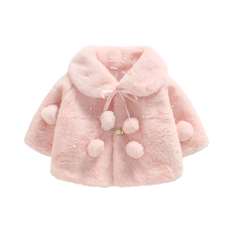 Baby girl's soft faux fur winter jacket with decorative pearls and cute bow.