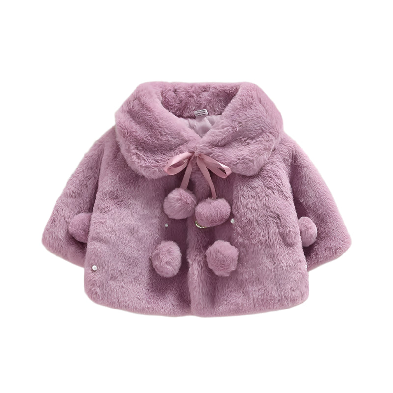 Baby girl's soft faux fur winter jacket with decorative pearls and cute bow.