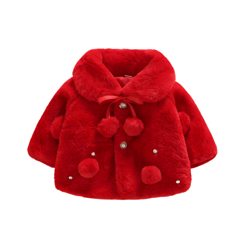 Baby girl's soft faux fur winter jacket with decorative pearls and cute bow.