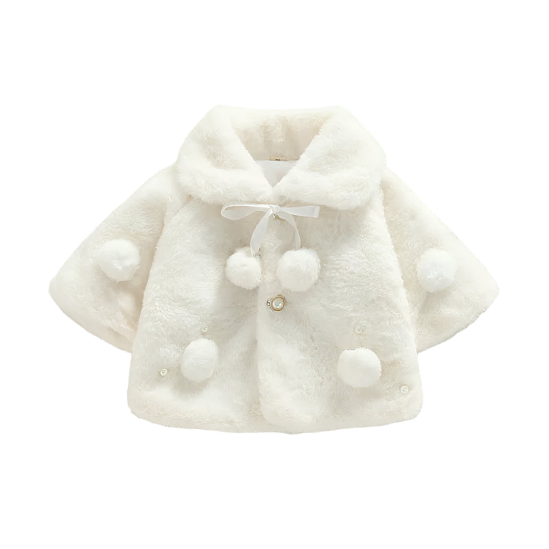 Baby girl's soft faux fur winter jacket with decorative pearls and cute bow.