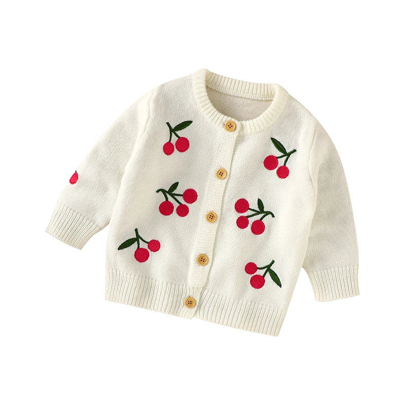 Baby girls soft white knitted cardigan with red cherry embroidery