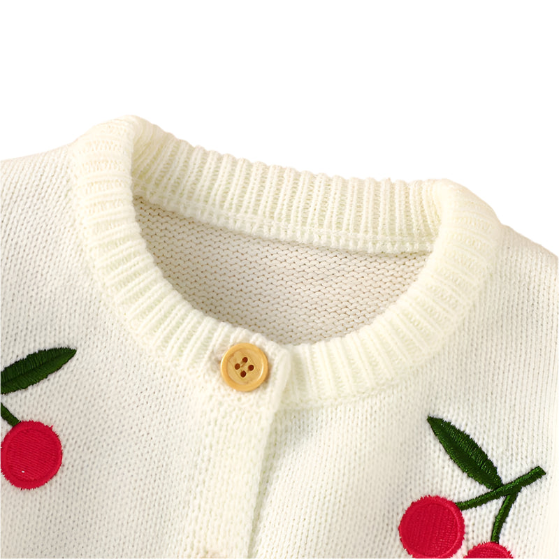 Baby girls soft white knitted cardigan with red cherry embroidery