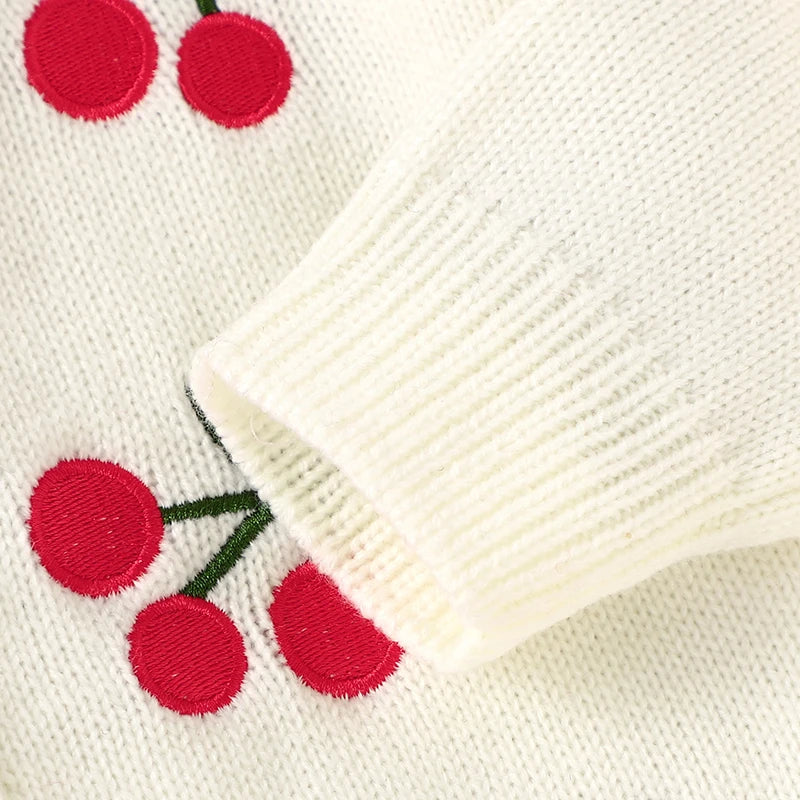 Baby girls soft white knitted cardigan with red cherry embroidery
