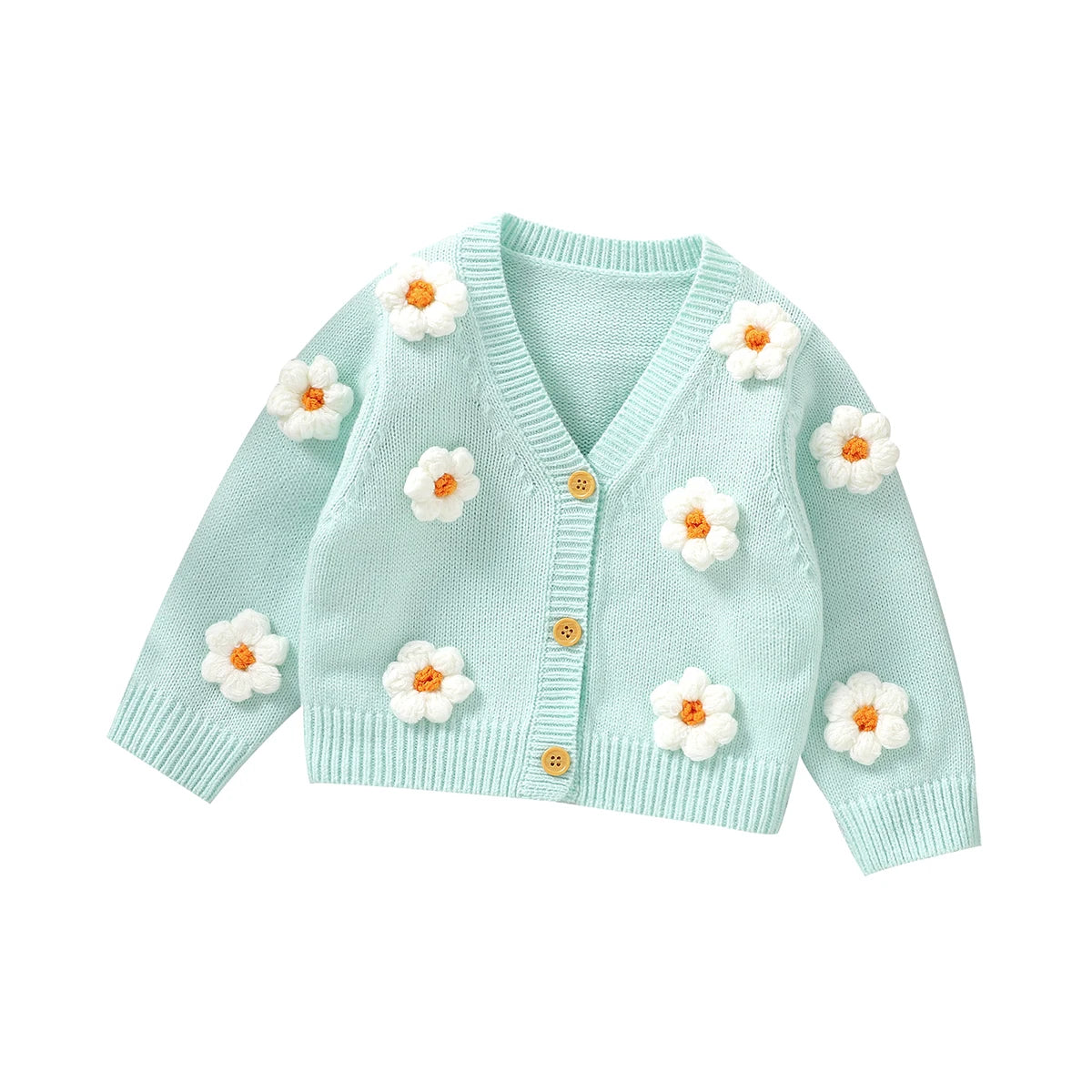 Knitted baby girls cardigan with daisy flower pattern