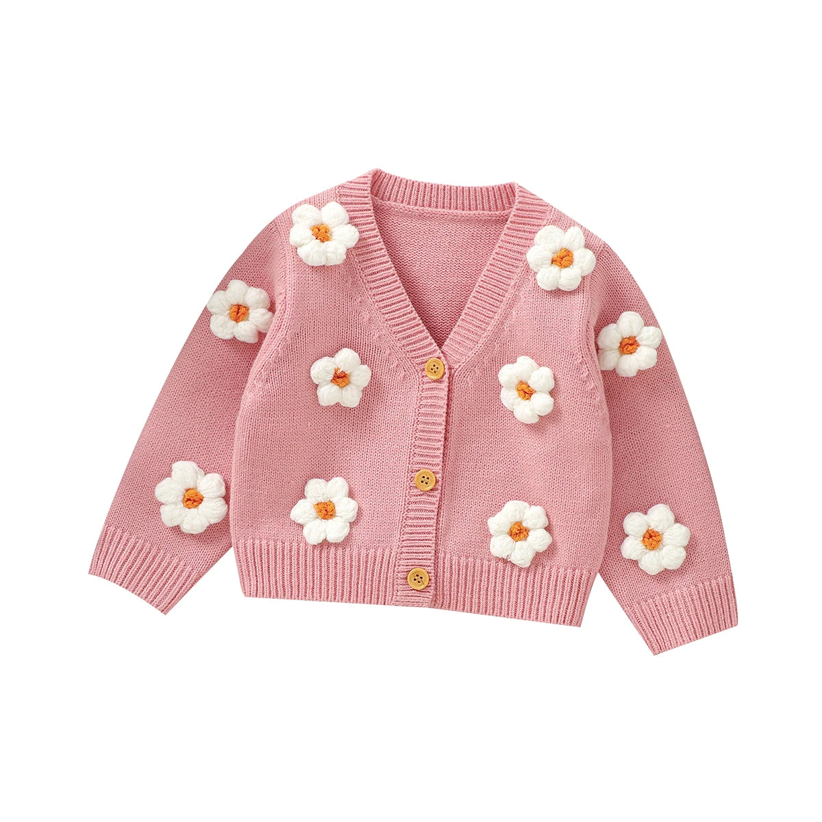 Knitted baby girls cardigan with daisy flower pattern