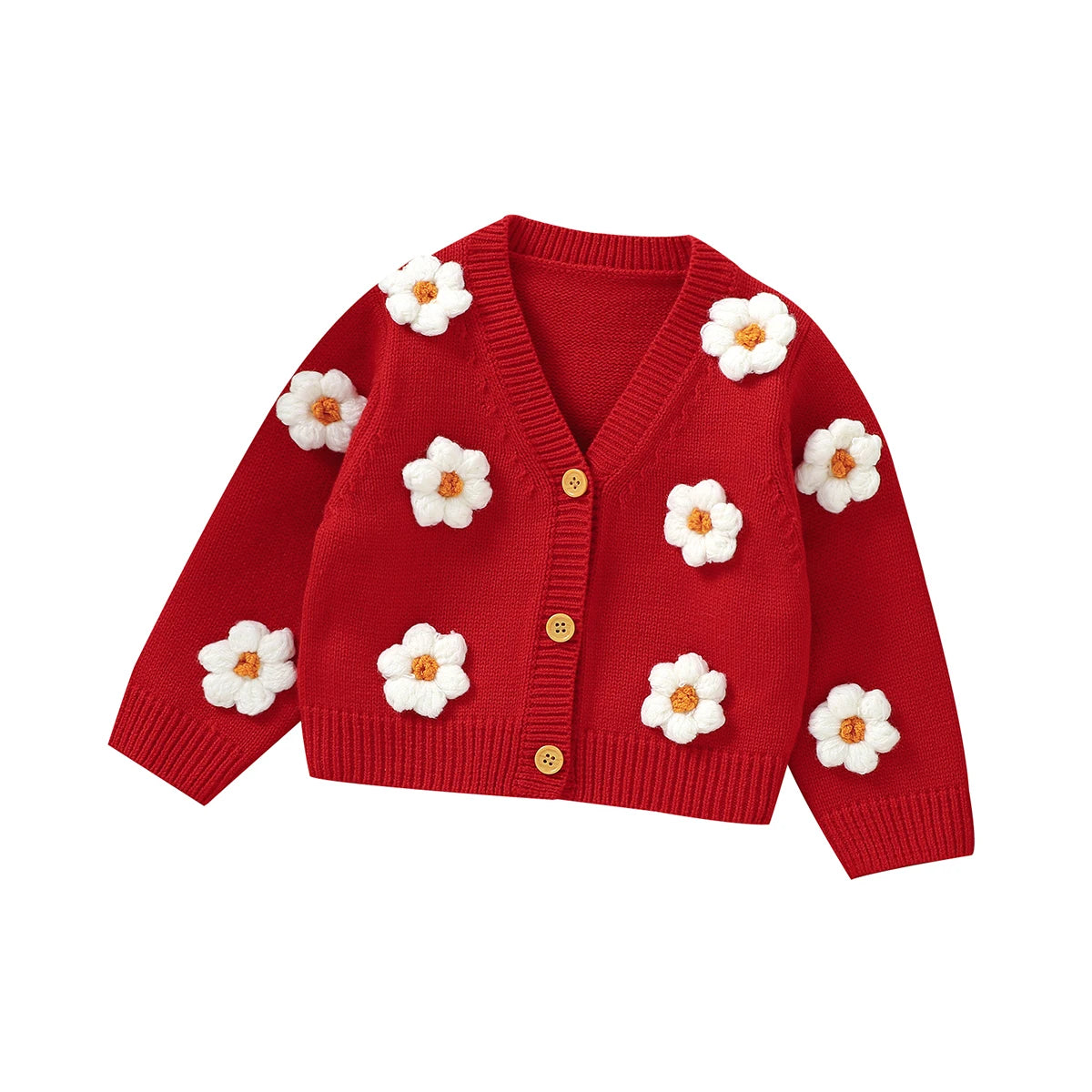 Knitted baby girls cardigan with daisy flower pattern