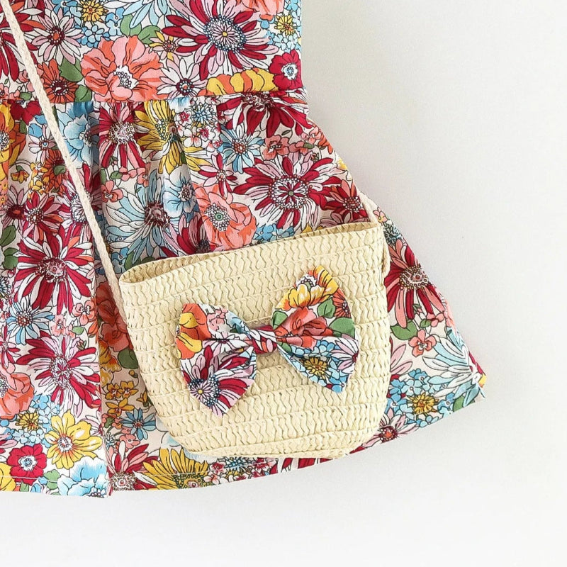 Girl’s 2-piece outfit with floral dress and crossbody bag, designed for toddler summer wear in Australia.