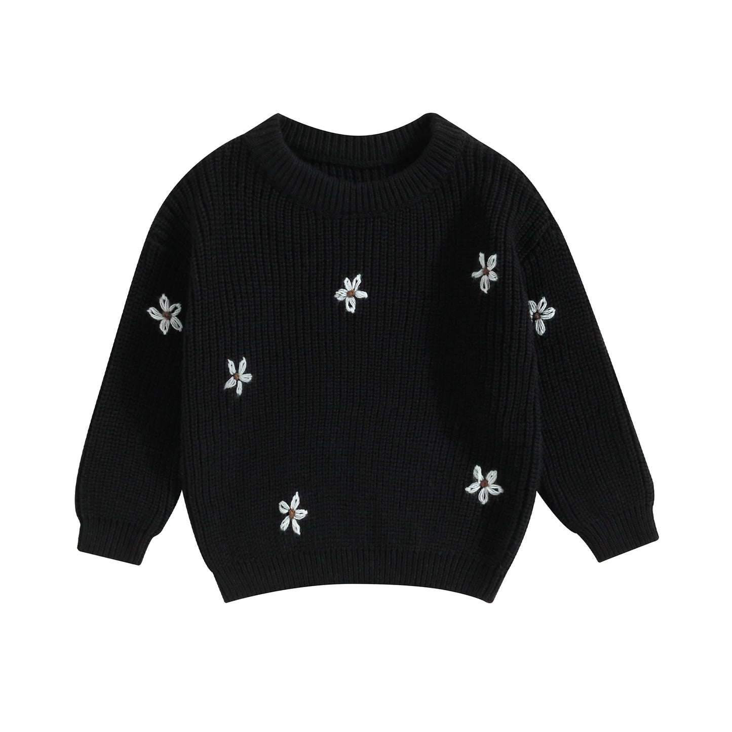 A soft knitted sweater with colourful flower print, round neck and full sleeves.