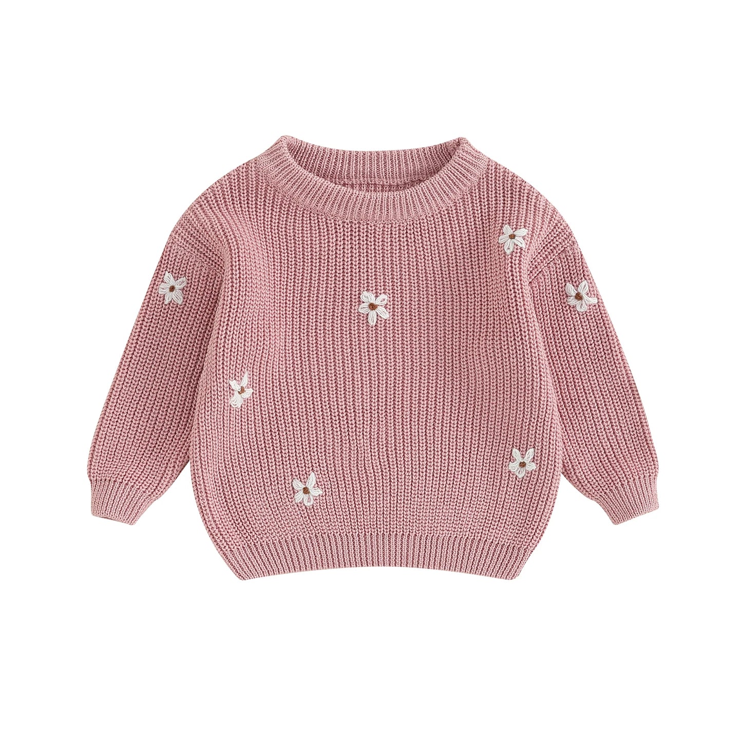A soft knitted sweater with colourful flower print, round neck and full sleeves.