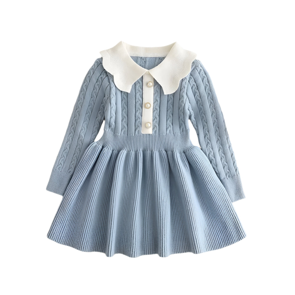 Soft long-sleeve knitted dress for girls in blue