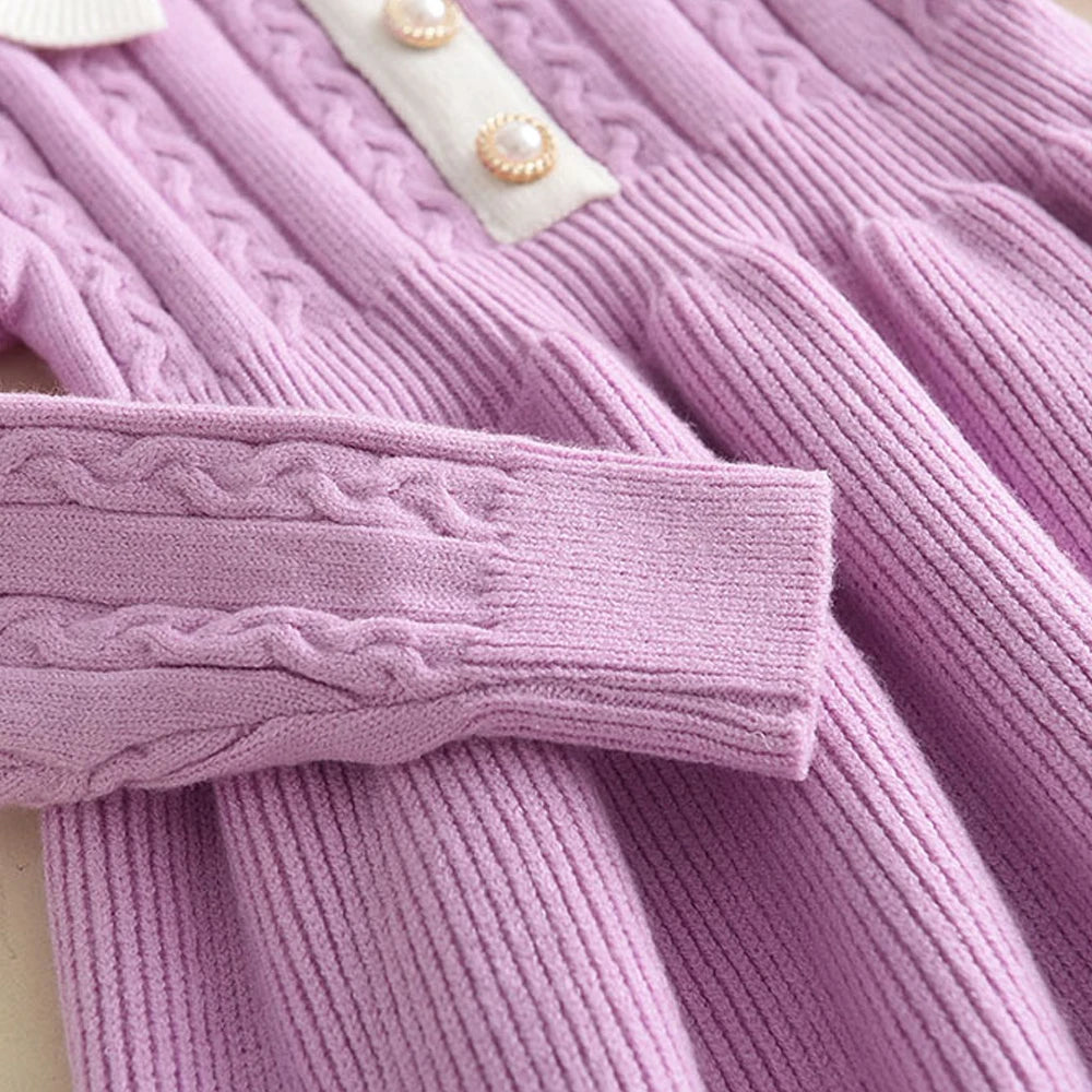 Soft long-sleeve knitted dress for girls in purple