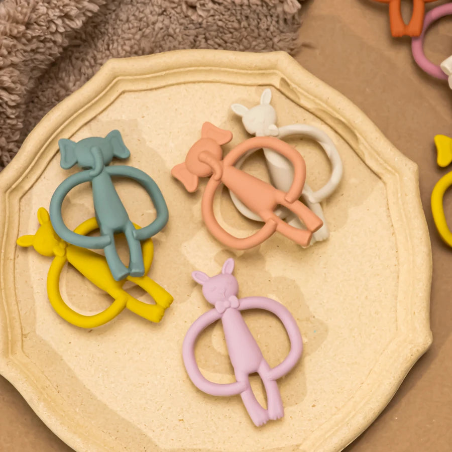 A selection of silicone baby teethers in various animal shapes, including a dog and a rabbit, displayed on a plate.