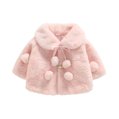 Baby girl's soft faux fur winter jacket with decorative pearls and cute bow.