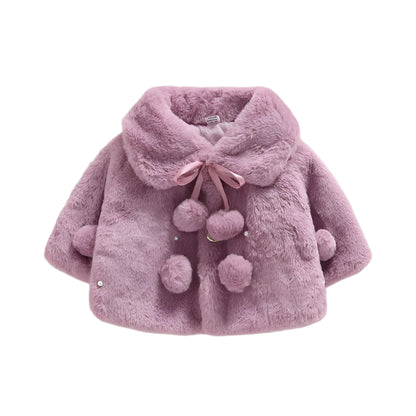 Baby girl's soft faux fur winter jacket with decorative pearls and cute bow.