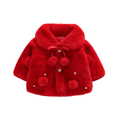 Baby girl's soft faux fur winter jacket with decorative pearls and cute bow.