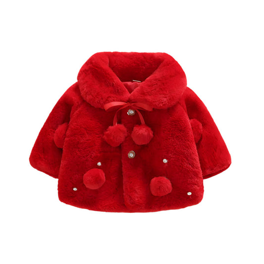 Baby girl's soft faux fur winter jacket with decorative pearls and cute bow.
