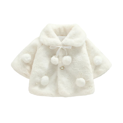 Baby girl's soft faux fur winter jacket with decorative pearls and cute bow.