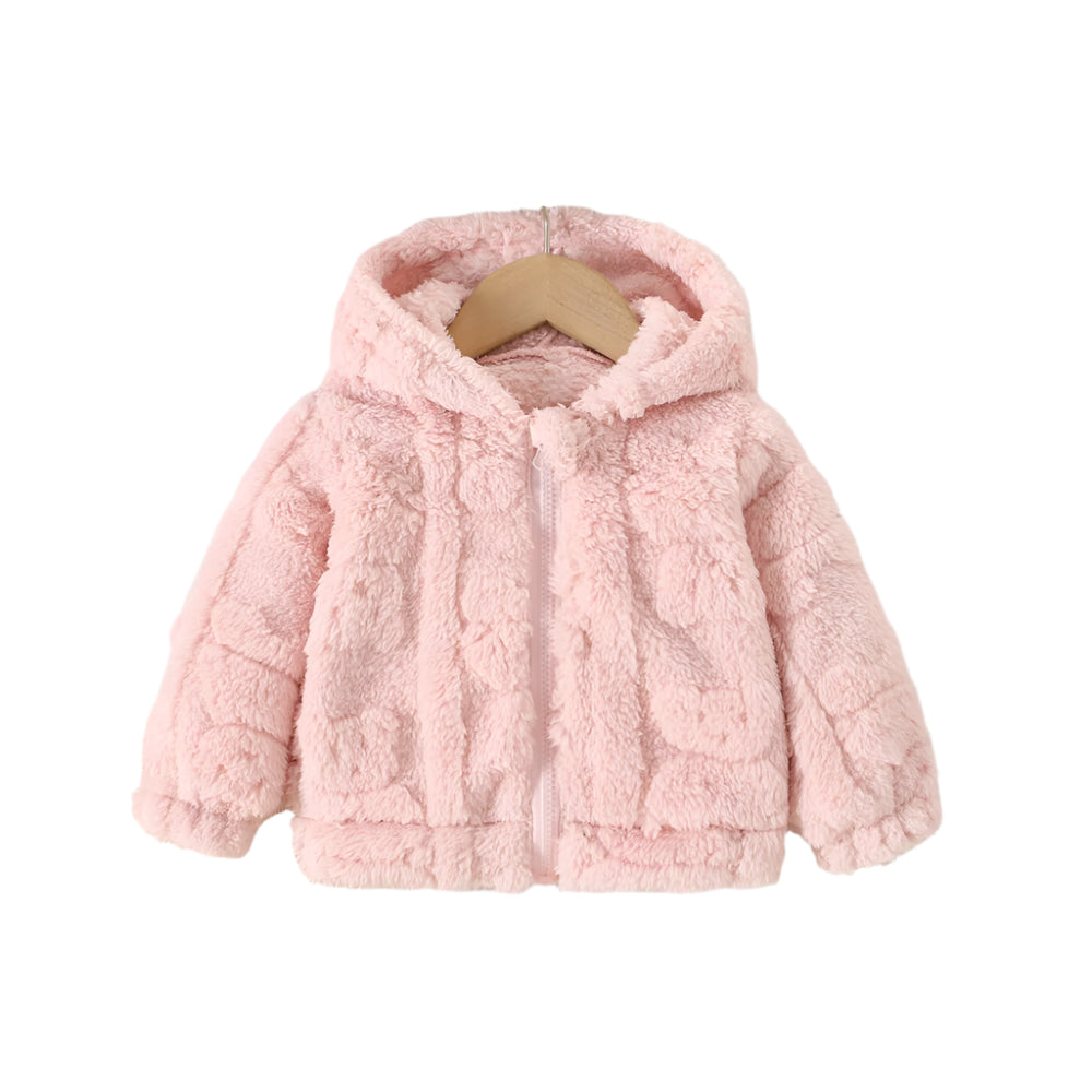 Baby girl's soft fleece hooded jacket in light pink and pattern of bears.