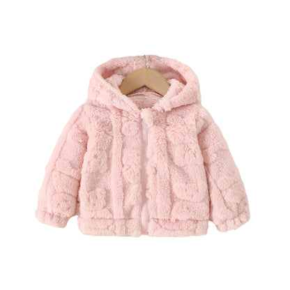 Baby girl's soft fleece hooded jacket in light pink and pattern of bears.