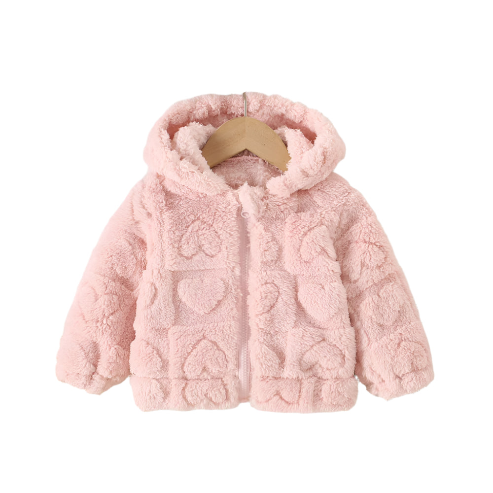 Baby girl's soft fleece hooded jacket in light pink and pattern of hearts.