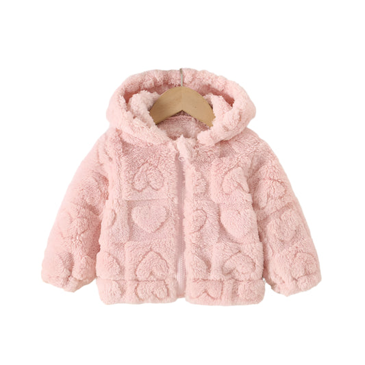 Baby girl's soft fleece hooded jacket in light pink and pattern of hearts.