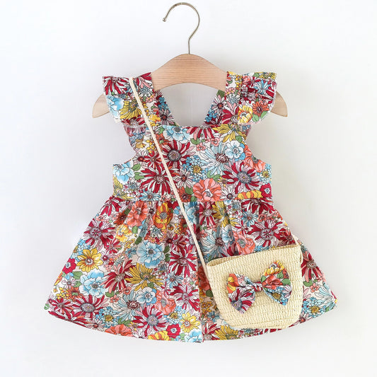 Girl’s 2-piece outfit with floral dress and crossbody bag, designed for toddler summer wear in Australia.