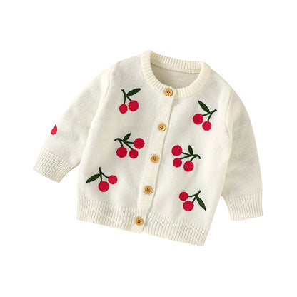 Baby girls soft white knitted cardigan with red cherry embroidery