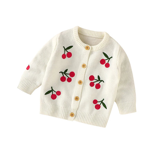 Baby girls soft white knitted cardigan with red cherry embroidery