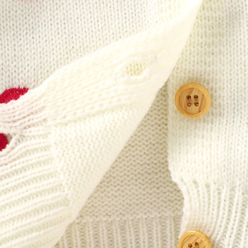 Baby girls soft white knitted cardigan with red cherry embroidery