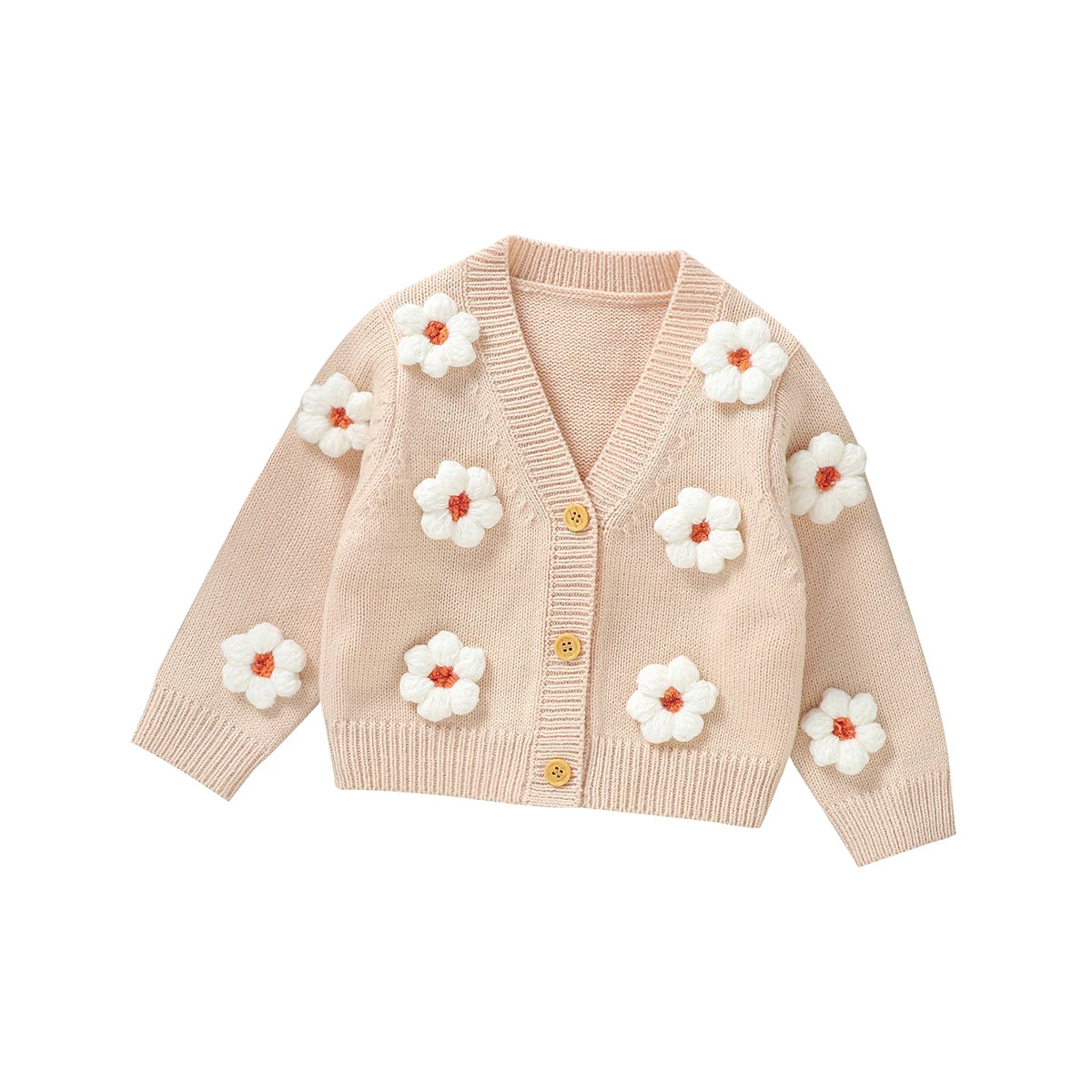 Knitted baby girls cardigan with daisy flower pattern