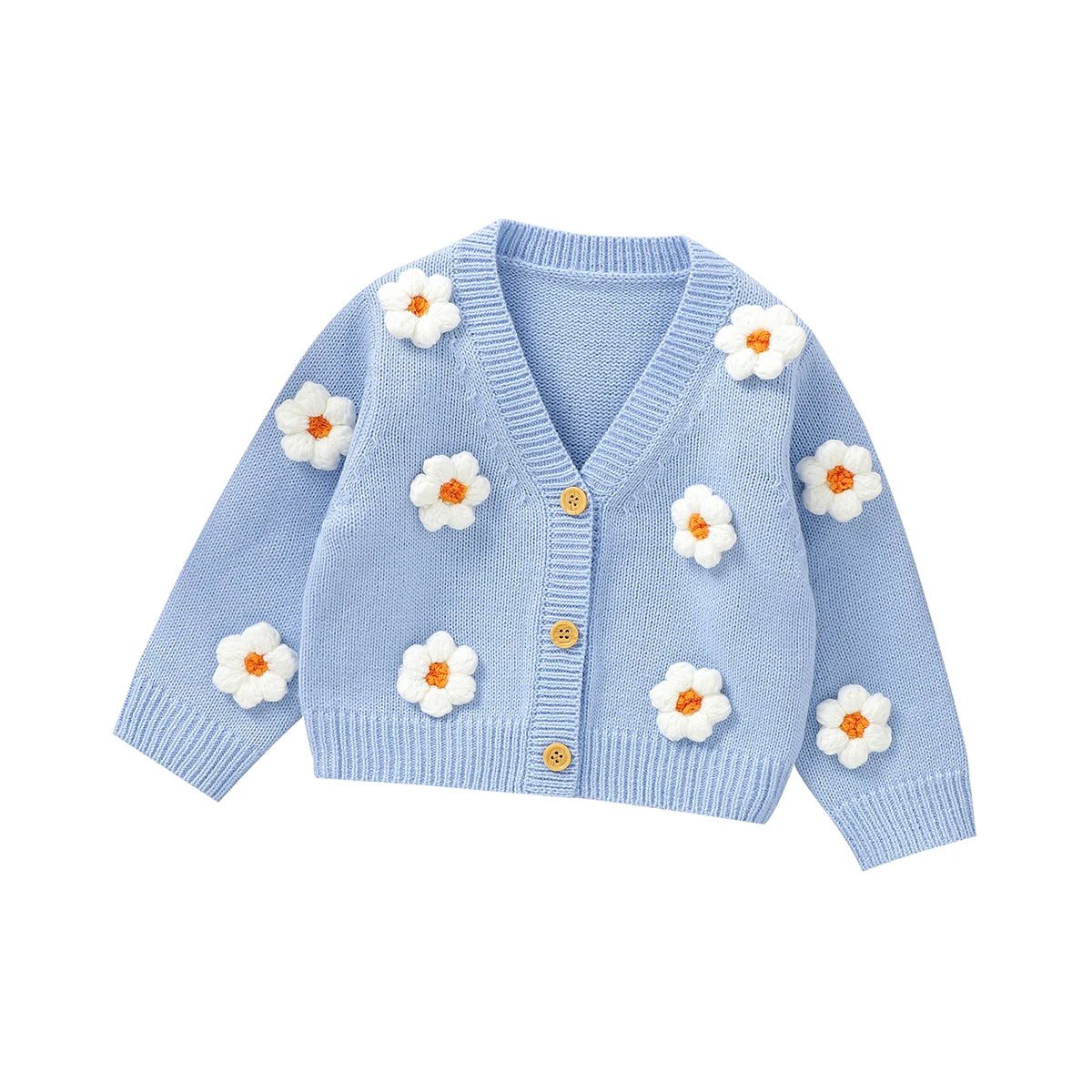 Knitted baby girls cardigan with daisy flower pattern
