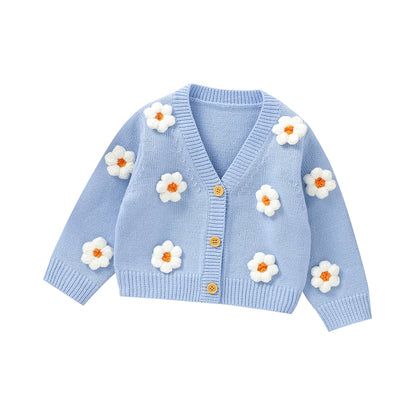 Knitted baby girls cardigan with daisy flower pattern