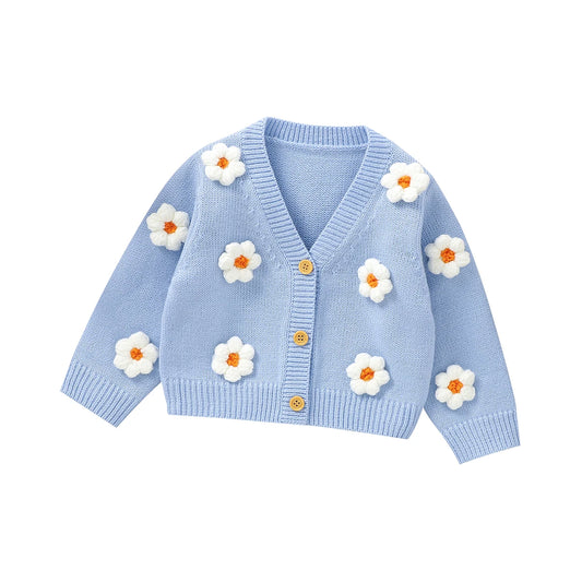 Knitted baby girls cardigan with daisy flower pattern
