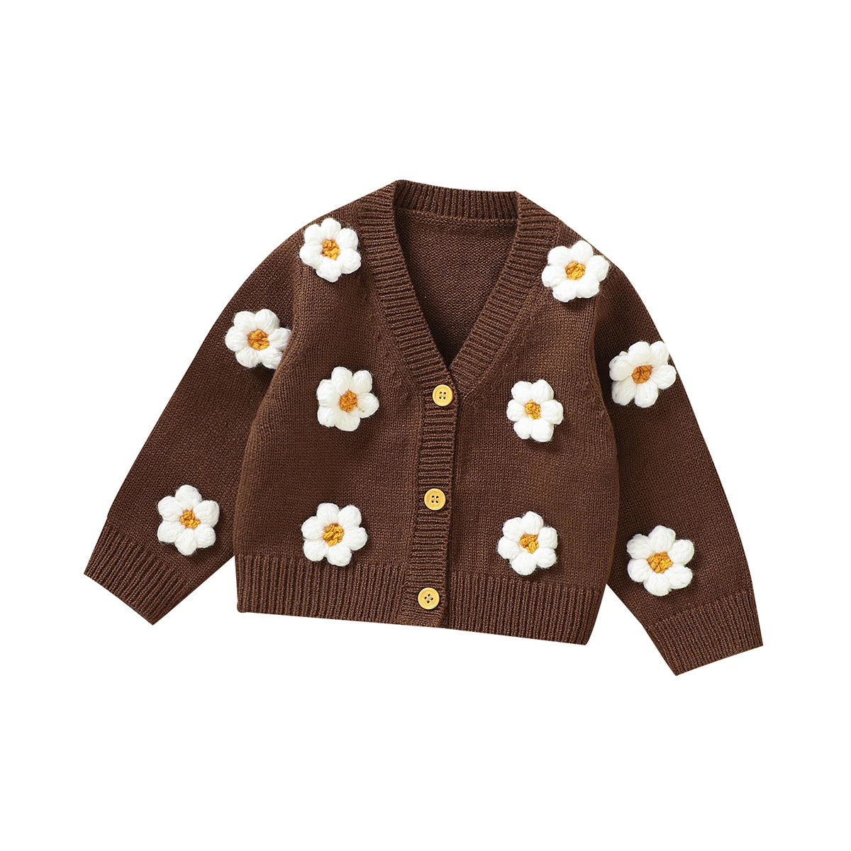 Knitted baby girls cardigan with daisy flower pattern