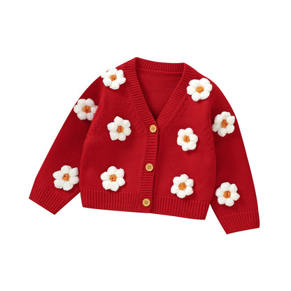 Knitted baby girls cardigan with daisy flower pattern
