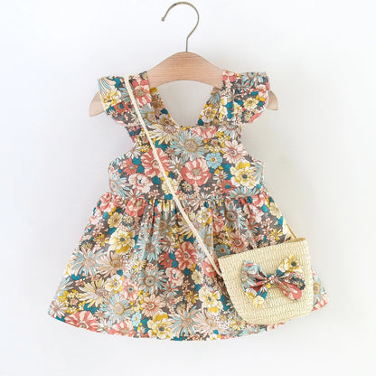 Toddler girls floral summer dress with matching crossbody bag, perfect for Australian outings.