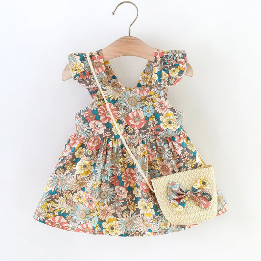 Toddler girls floral summer dress with matching crossbody bag, perfect for Australian outings.