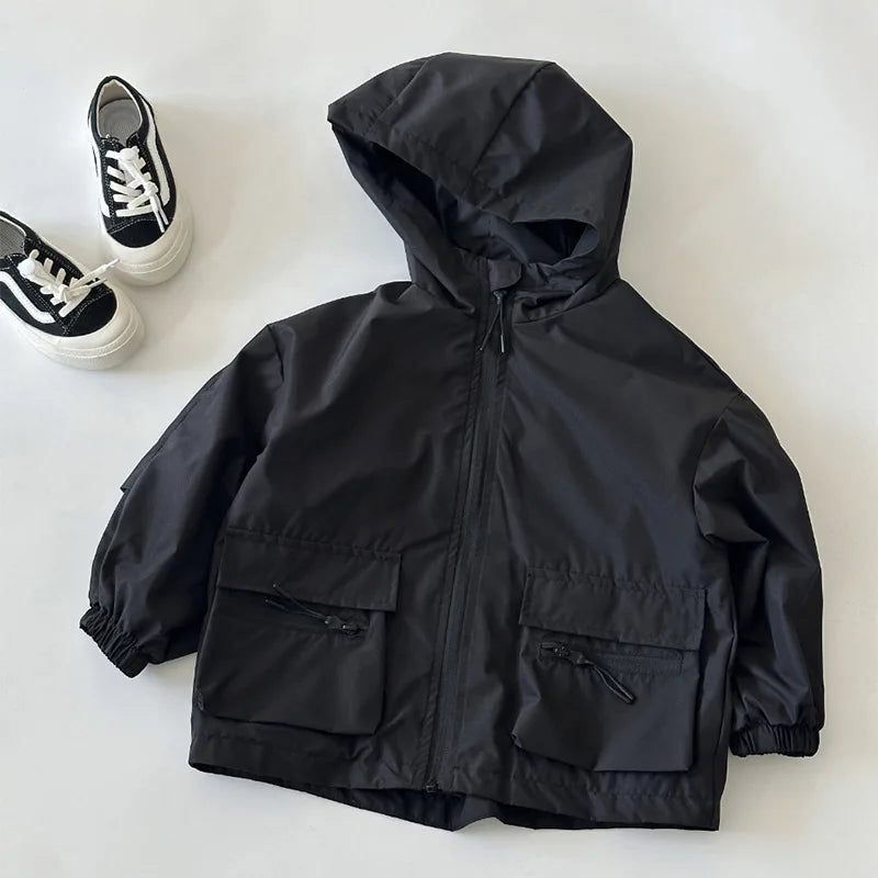 Lightweight black boys windbreaker jacket – hooded waterproof kids outdoor jacket