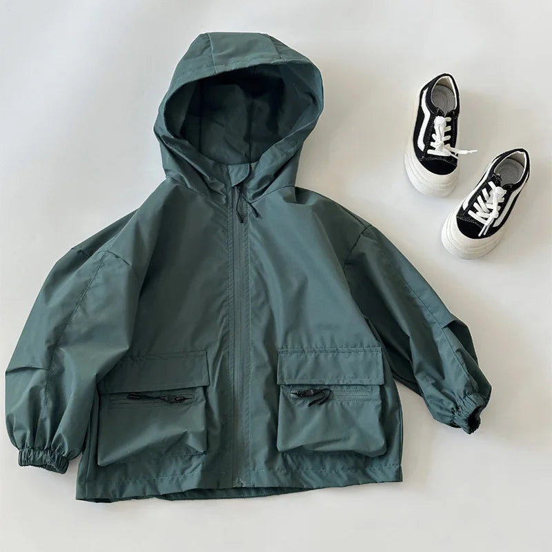Lightweight green boys windbreaker jacket – hooded waterproof kids outdoor jacket