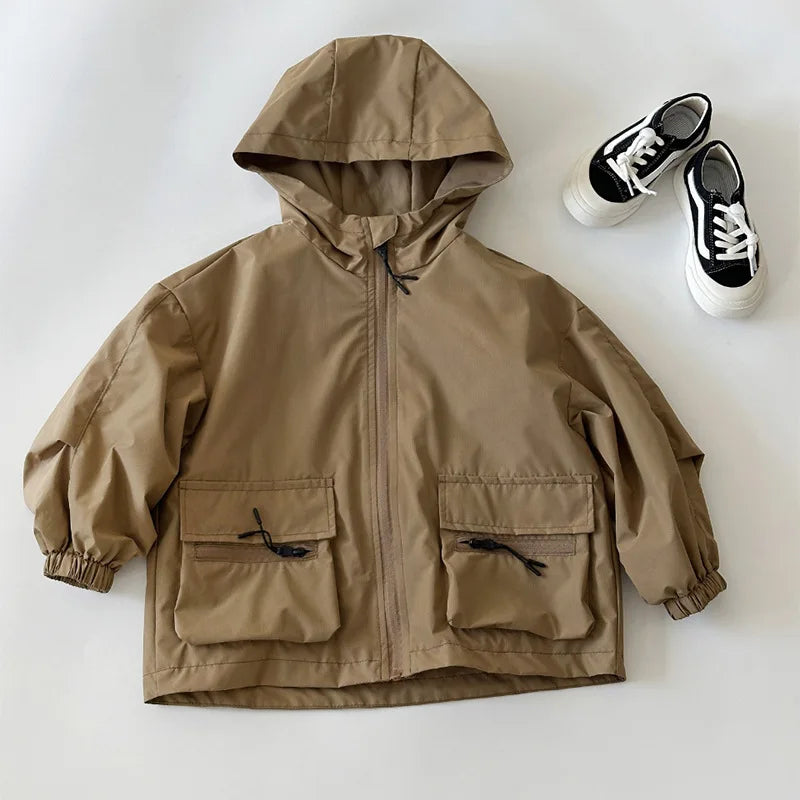 Lightweight khaki boys windbreaker jacket – hooded waterproof kids outdoor jacket