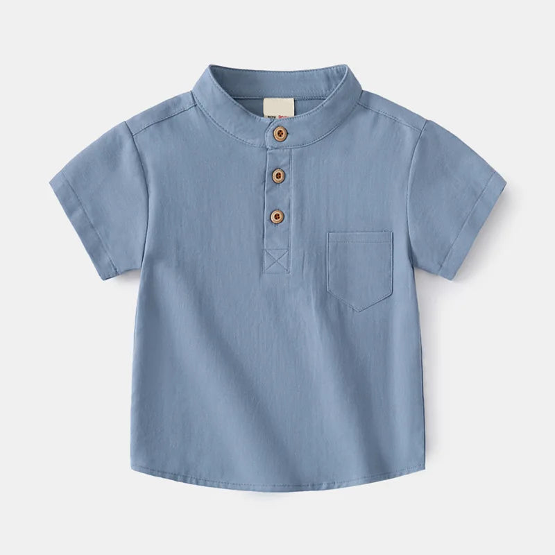 Boys blue Henley shirt with button neckline and soft cotton fabric