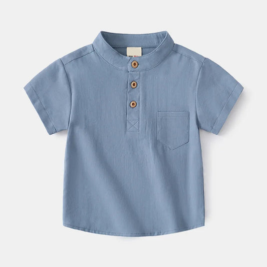 Boys blue Henley shirt with button neckline and soft cotton fabric