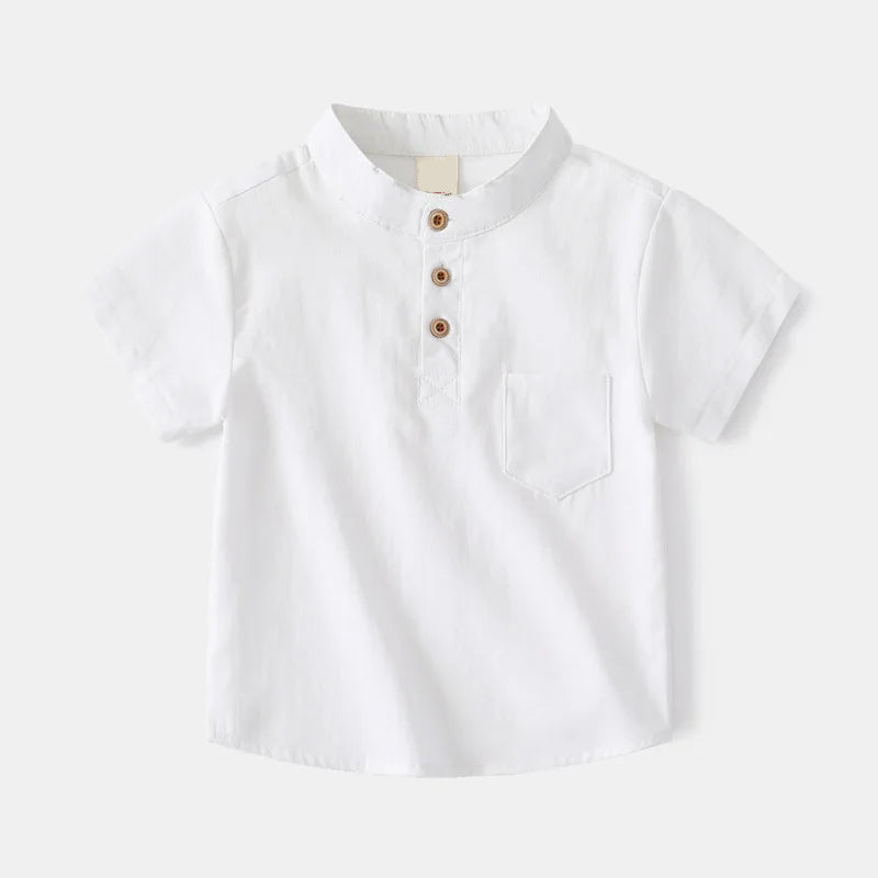 Boys white Henley shirt with button neckline and soft cotton fabric