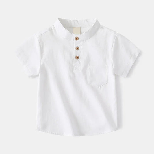 Boys white Henley shirt with button neckline and soft cotton fabric