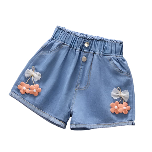 Girls denim shorts with floral embroidery – summer fashion for kids