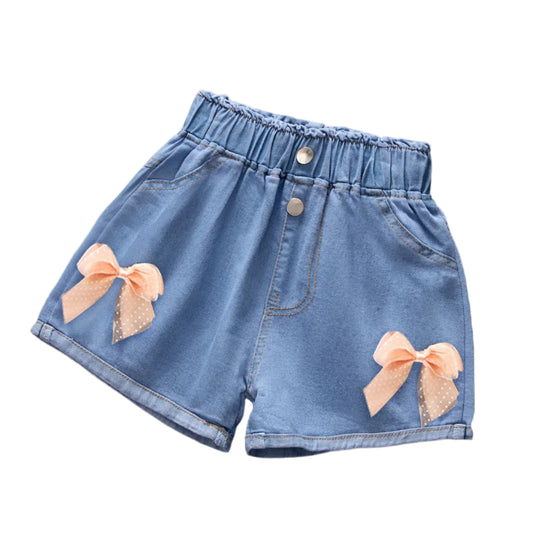 Girls denim shorts with pink ribbon bow – cute and casual summer outfit for kids
