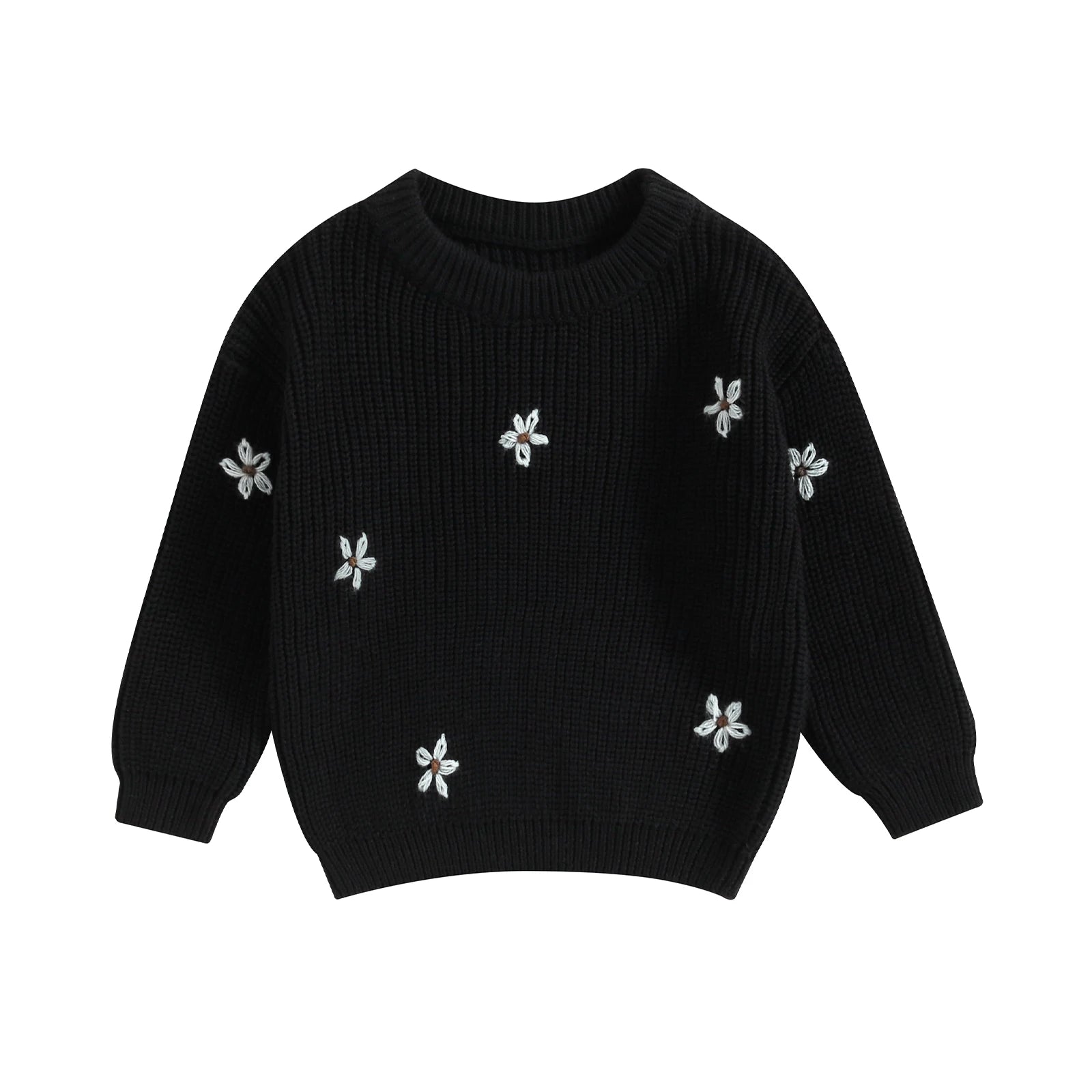 A soft knitted sweater with colourful flower print, round neck and full sleeves.