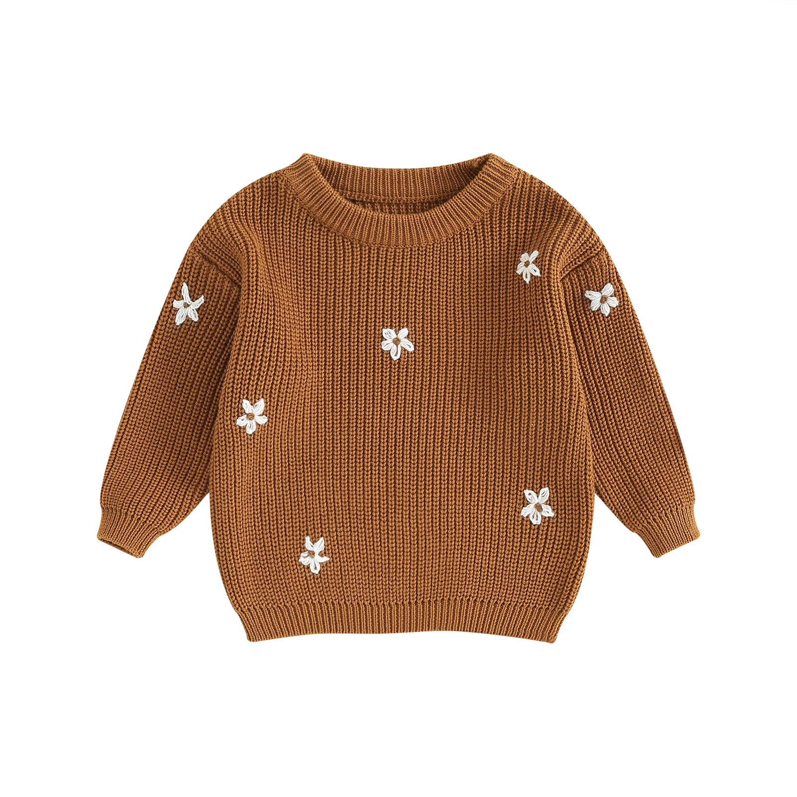 A soft knitted sweater with colourful flower print, round neck and full sleeves.
