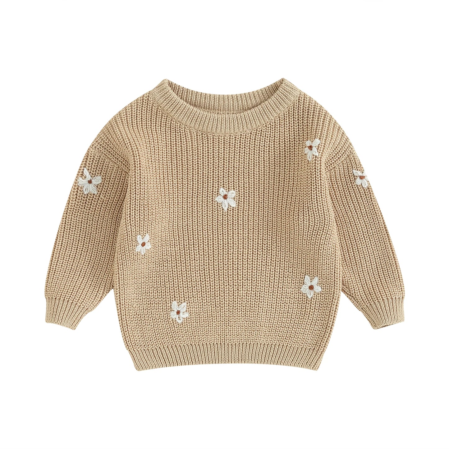 A soft knitted sweater with colourful flower print, round neck and full sleeves.