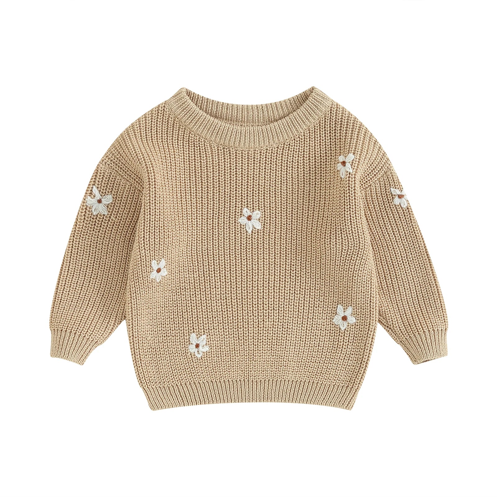 A soft knitted sweater with colourful flower print, round neck and full sleeves.